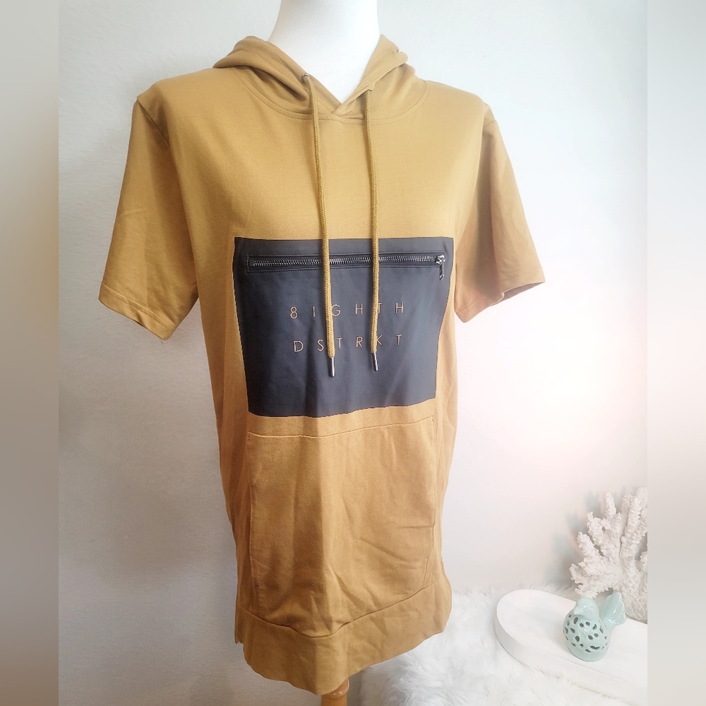 8IGHTH DSTRKT TAN/BLACK HOODIE SHORT SLEEVE LONG SWEATSHIRT MEN'S SIZE MEDIUM